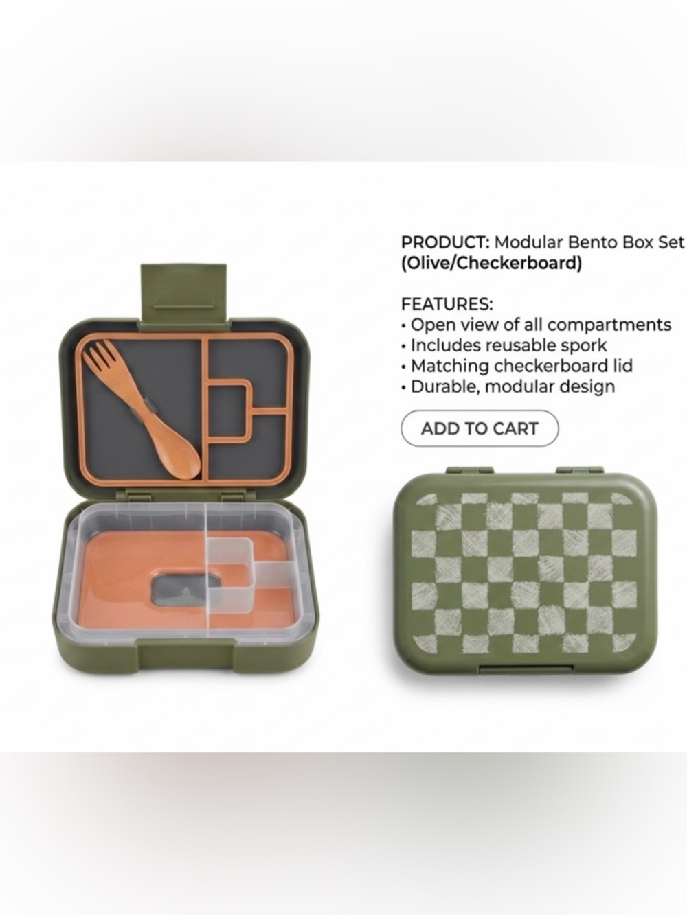 Olive Green Checkerboard Modular Bento Box with Orange Inserts